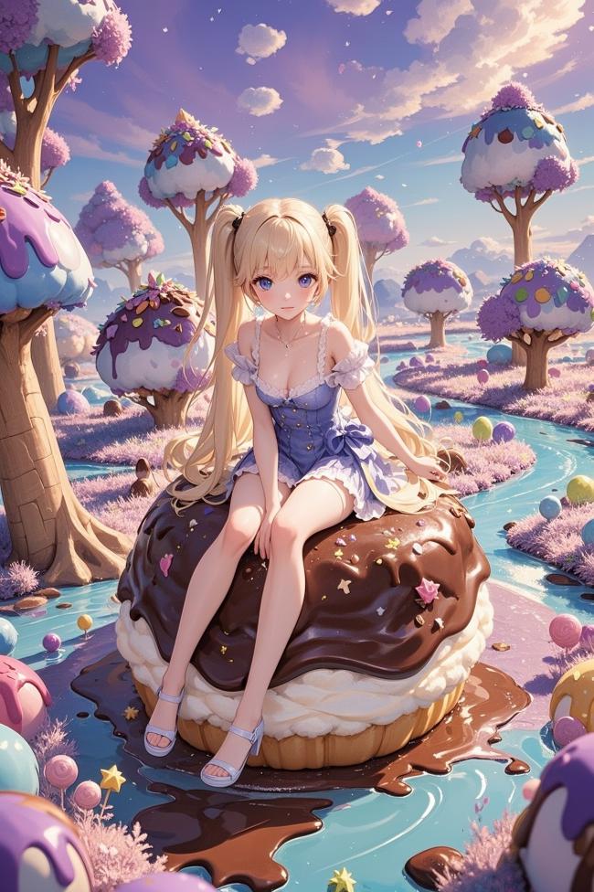 甜心少女坐于巧克力蛋糕，糖果森林梦幻奇境