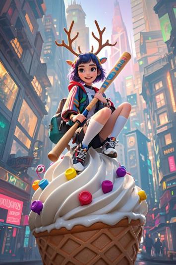 赛博朋克少女坐冰淇淋街头奇景