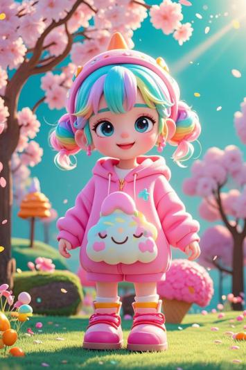 彩虹少女樱花梦境3D插画