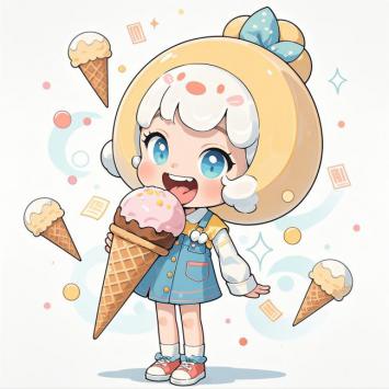 萌系少女吃冰淇淋插画，赛璐璐上色风格