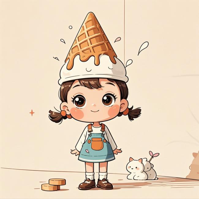冰淇淋帽少女与小白兔的温馨插画