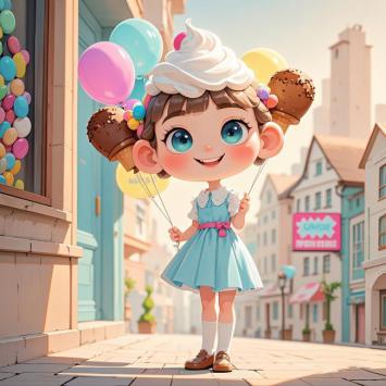 甜心女孩手捧冰淇淋与气球的童话街景