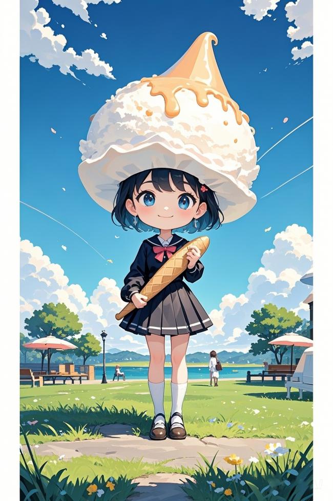动漫少女头顶冰淇淋帽的夏日公园场景