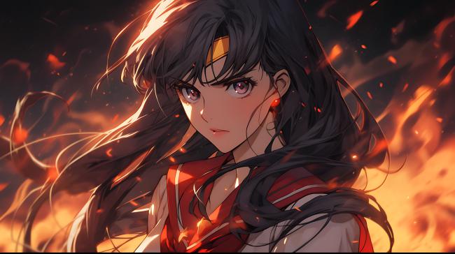 火焰中的动漫少女特写，赛璐璐风格极致细腻