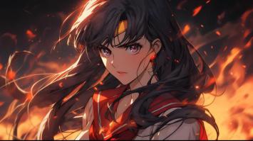 火焰中的动漫少女特写，赛璐璐风格极致细腻