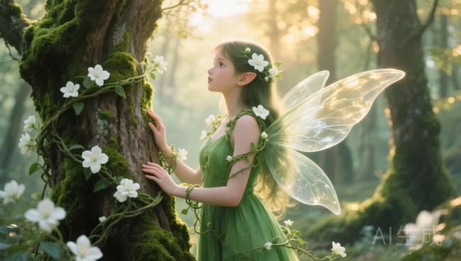 森林精灵晨光写真：绿裙藤花与透明翅膀