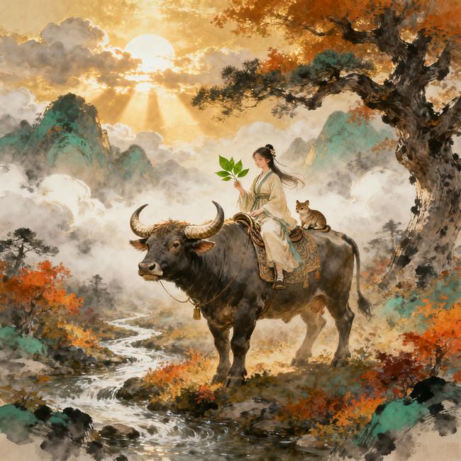 古风仕女骑牛踏秋景，水墨丹青绘山河