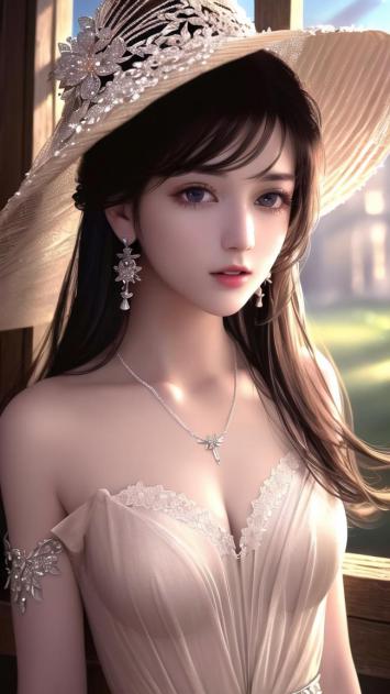 优雅贵妇写真：蕾丝礼服配水晶宽檐帽