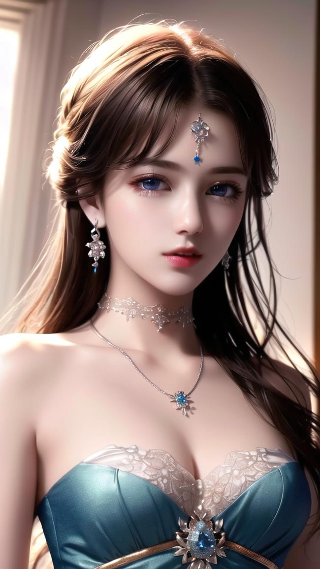 古典贵族美女肖像，蓝裙配晶钻，窗光柔美如画