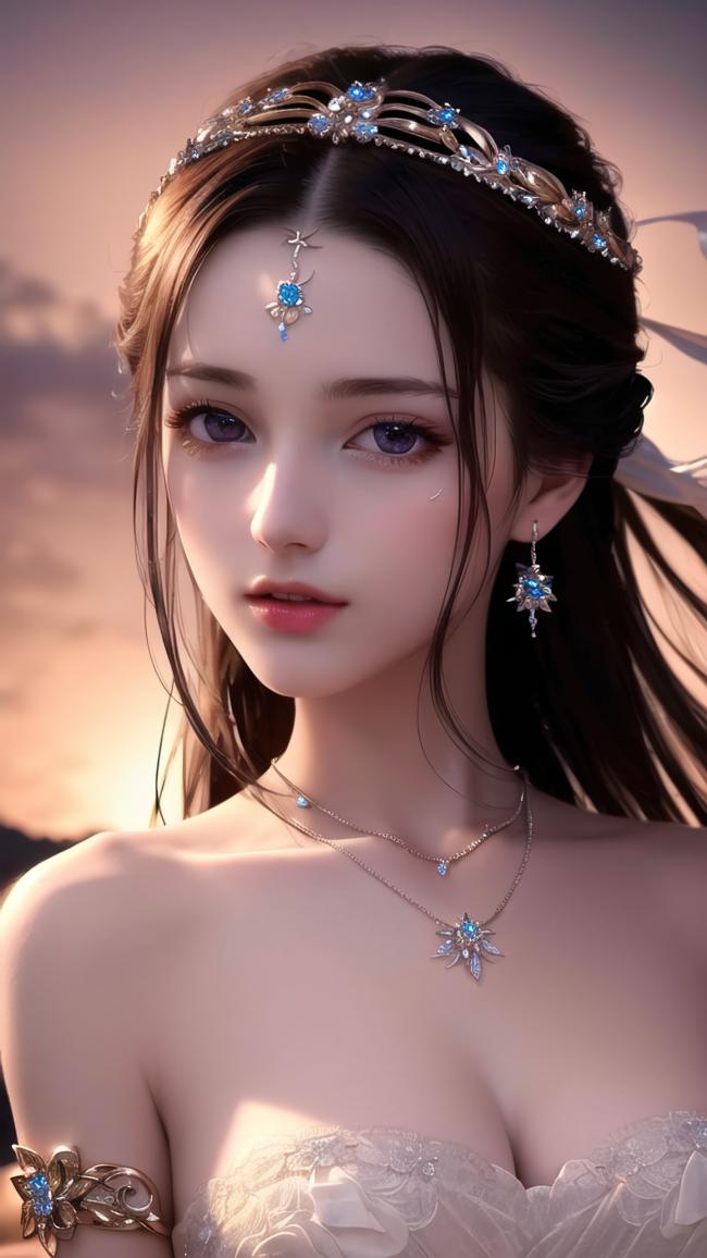 仙侠少女黄昏写真，蓝宝华冠映霞光