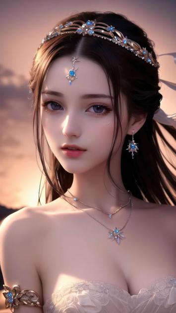 仙侠少女黄昏写真，蓝宝华冠映霞光