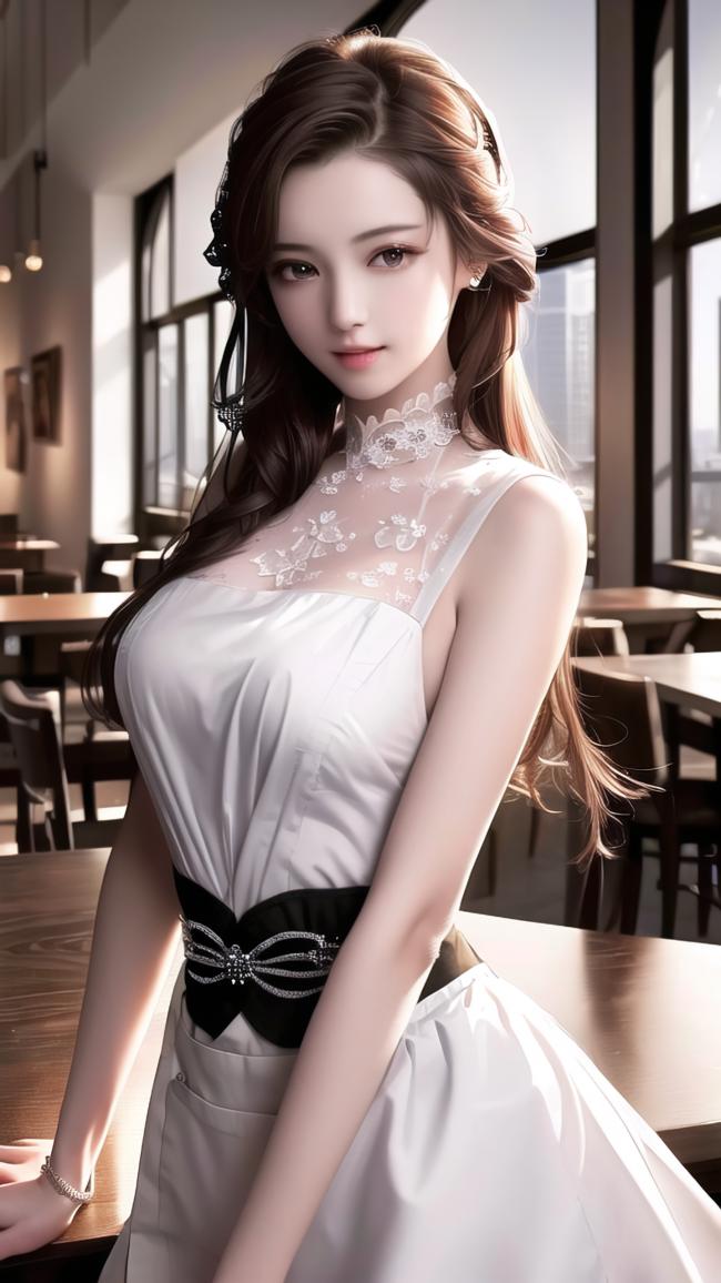 都市优雅女性肖像：白裙蕾丝与自然光的完美融合