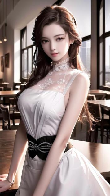 都市优雅女性肖像：白裙蕾丝与自然光的完美融合