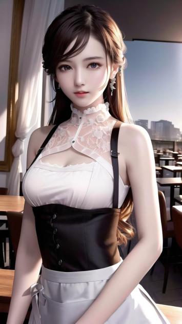 都市咖啡馆中的优雅女侍者写实肖像