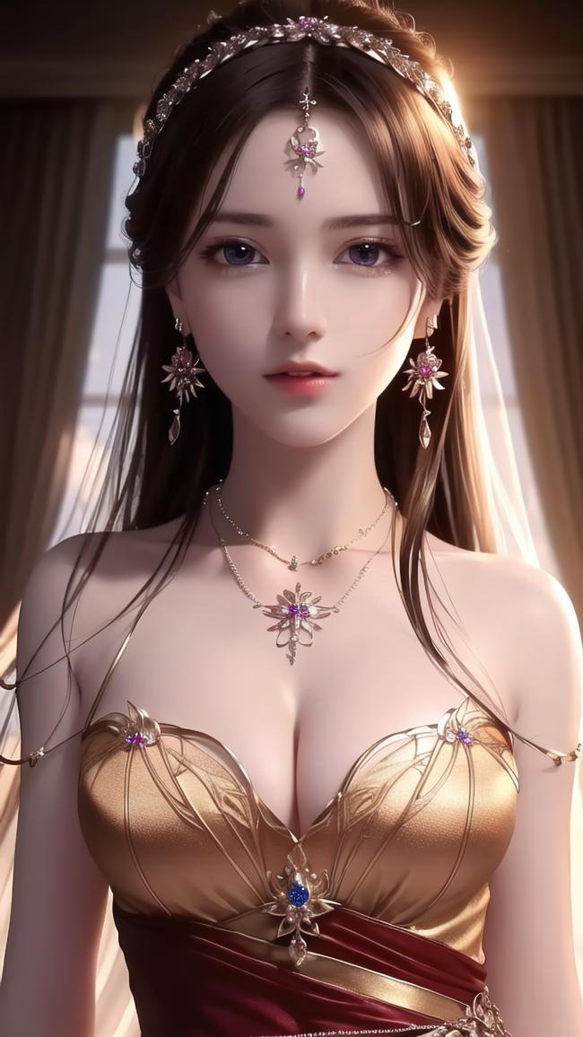 仙侠女神写真：金红华服配紫钻头饰，柔光映衬绝美容颜