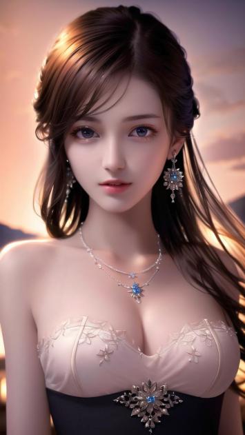 日落下的绝美写实女郎，珠宝熠熠生辉