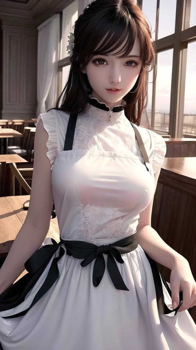 白裙女仆窗边写真，光影柔美细节逼真
