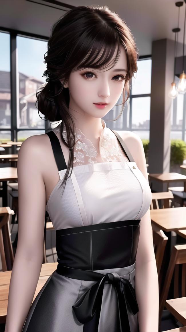 咖啡馆里的写实女服务员肖像图