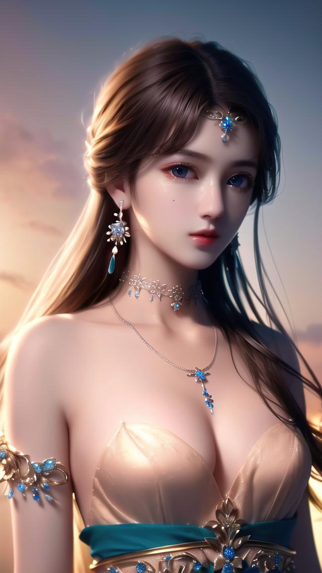 仙侠少女黄昏写真，蓝宝华服映霞光