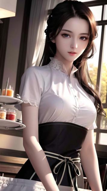 窗边女仆写真：柔光映衬精致面容