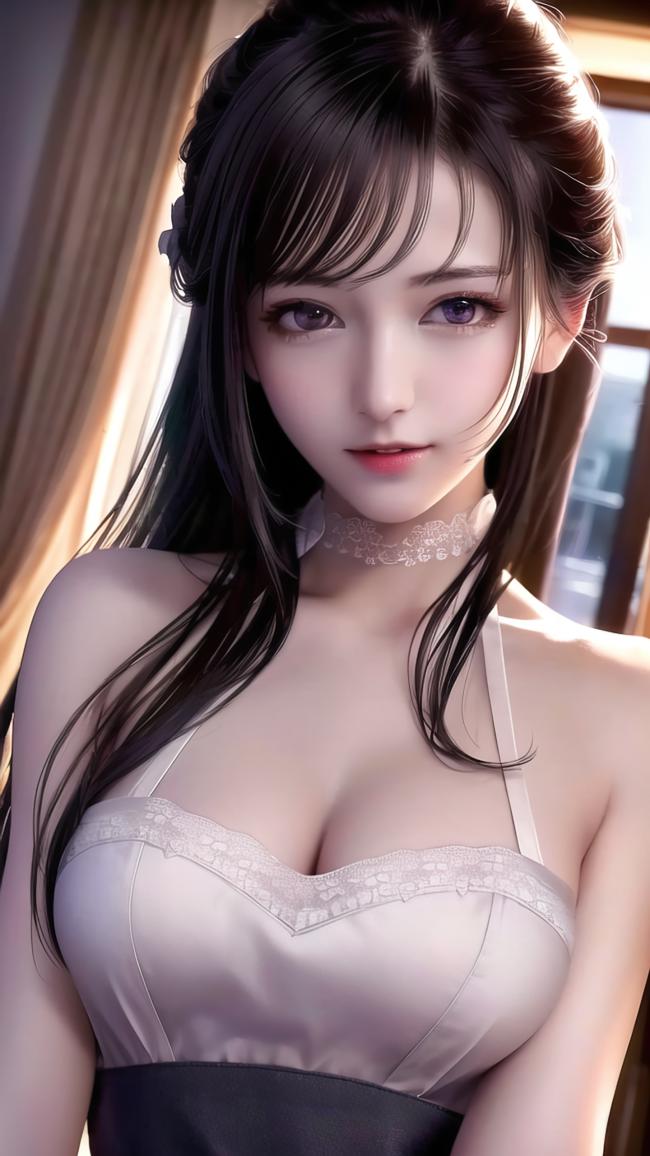 二次元少女窗边写真，蕾丝吊带柔光美人