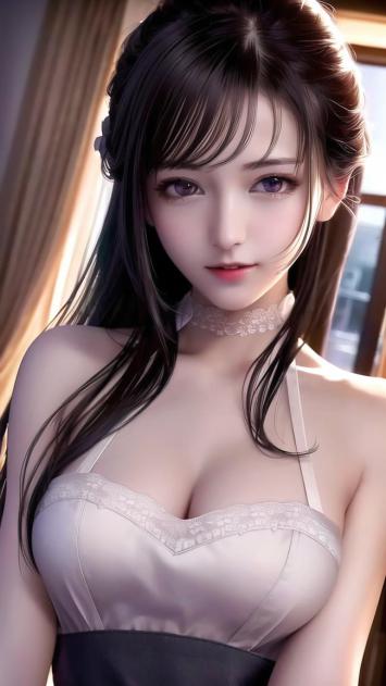 二次元少女窗边写真，蕾丝吊带柔光美人