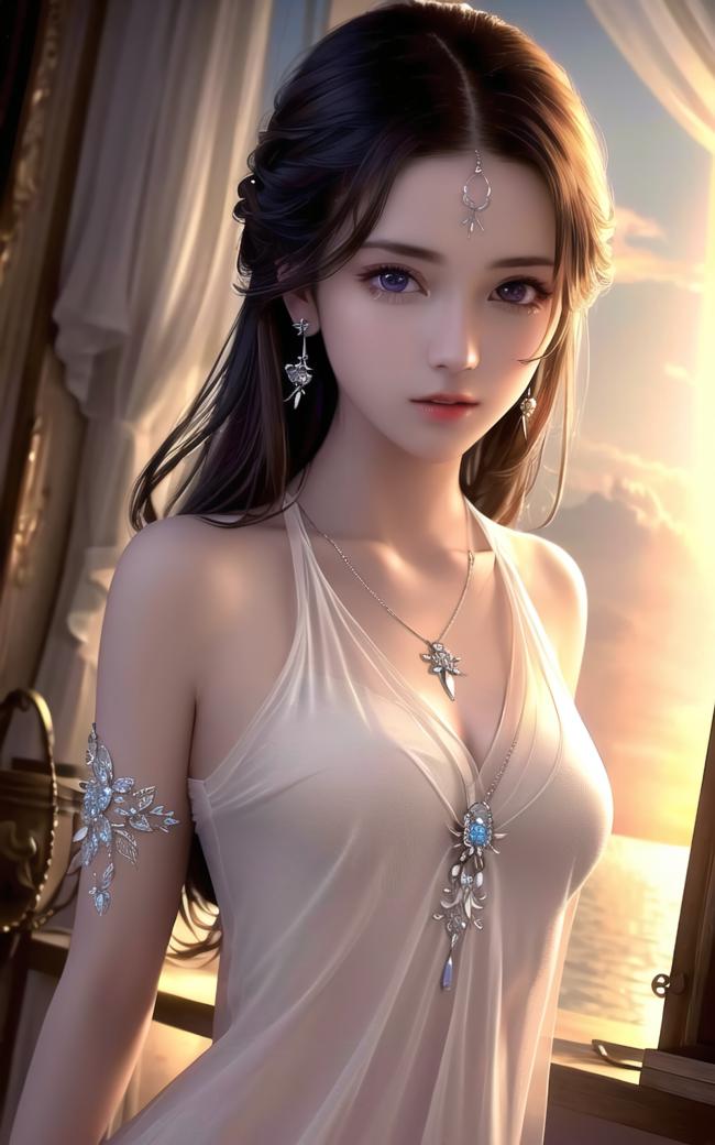 古风仕女窗边写真，暖光映衬华服珠宝