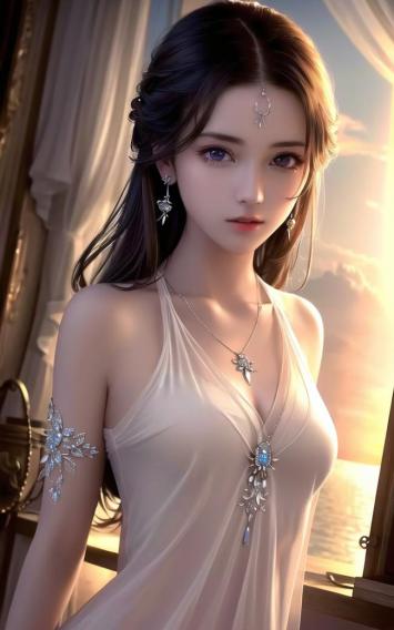 古风仕女窗边夕照图