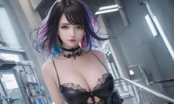 赛博朋克女战士：霓虹紫发与科技实验室