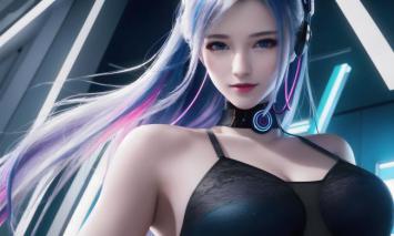 赛博朋克女战士：霓虹长发与科技头戴设备特写