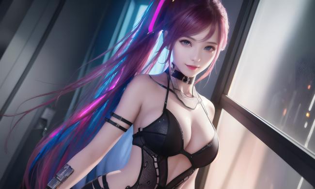 赛博朋克紫发女战士：霓虹夜景下的科技魅影