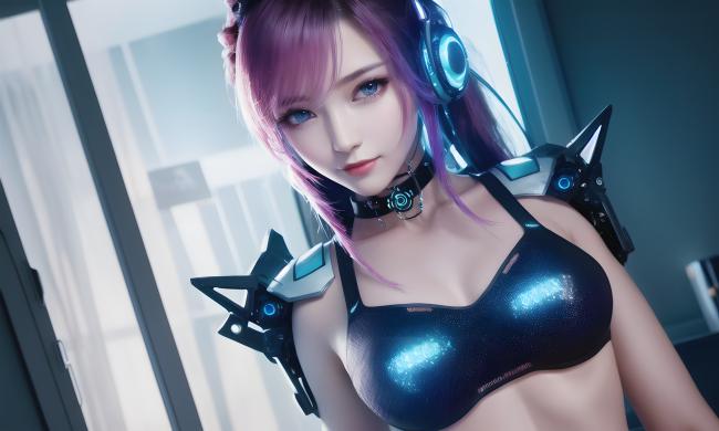 赛博朋克紫发女战士3D高清渲染图