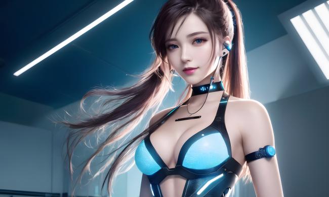 赛博朋克女战士霓虹光影特写