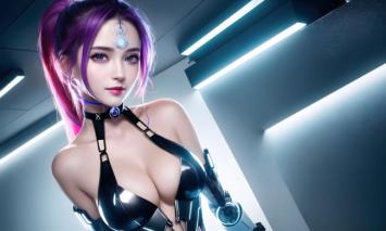 赛博朋克紫发女战士：未来科技与性感融合