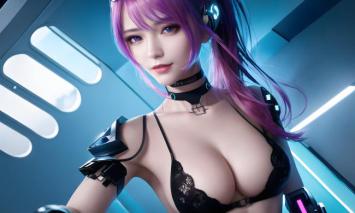 赛博朋克紫发女战士：霓虹科技与性感碰撞
