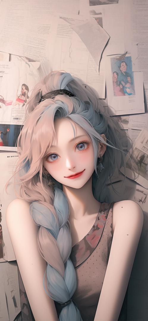 蓝粉双色麻花辫少女插画壁纸