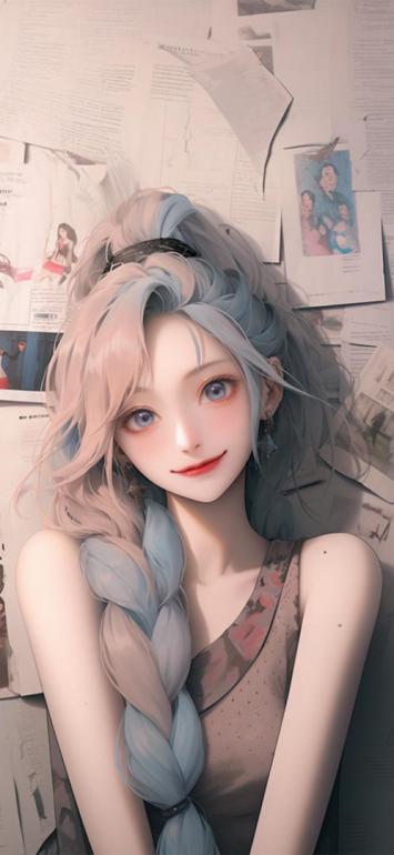 蓝粉双色麻花辫少女插画壁纸