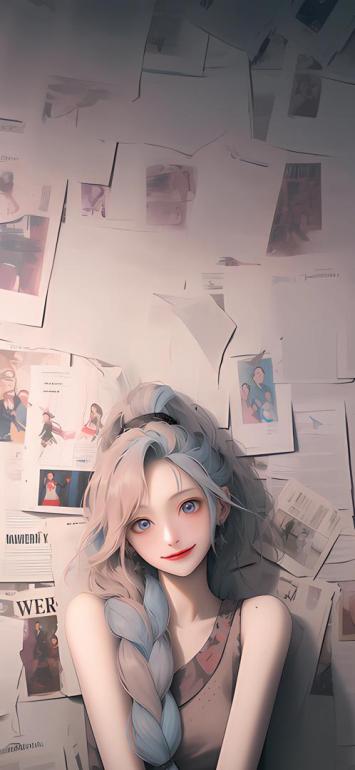 蓝发少女躺卧设计稿堆中，日系动漫风格插画