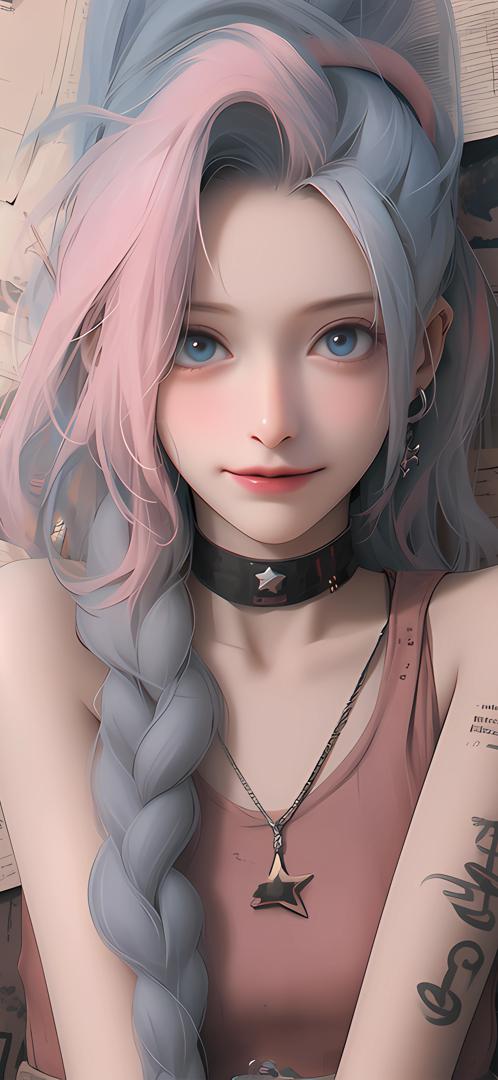 粉灰渐变少女二次元立绘，星形饰品点缀潮流感