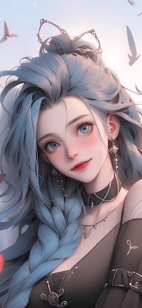 蓝发少女动漫肖像，梦幻光影温柔动人