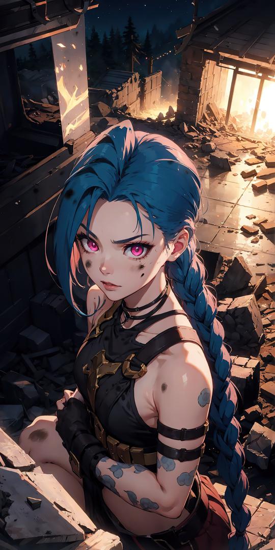 蓝发女战士赛博朋克废墟插画