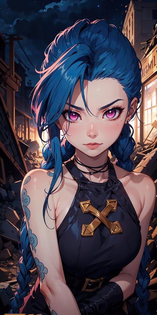 蓝发紫瞳赛博少女立于废墟街头