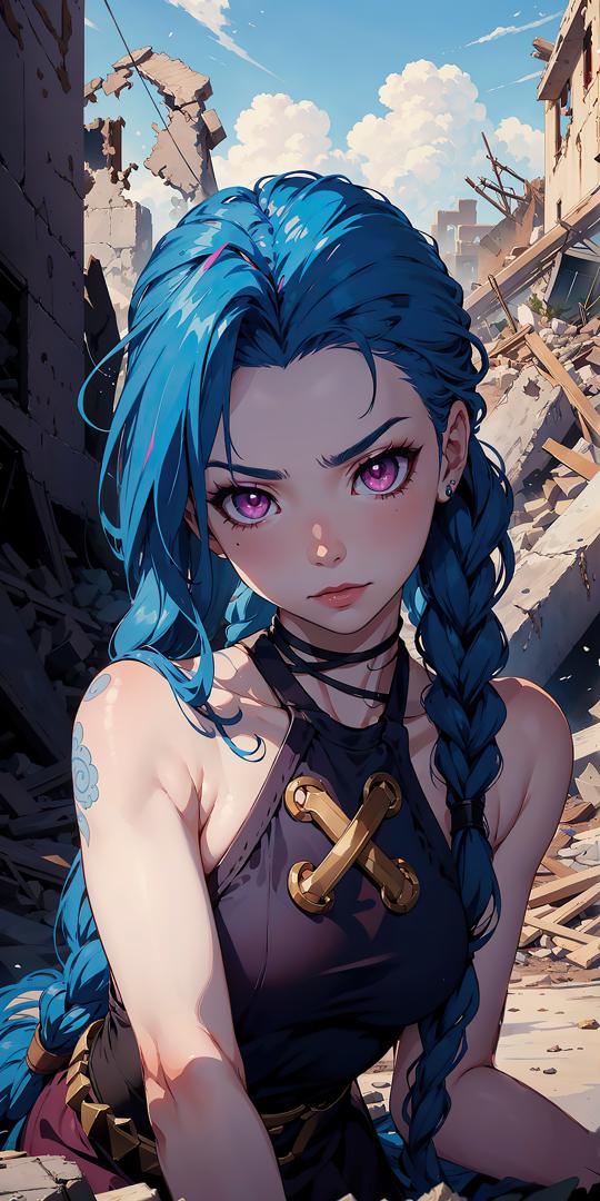 蓝发紫瞳少女废墟立绘，二次元战损美学