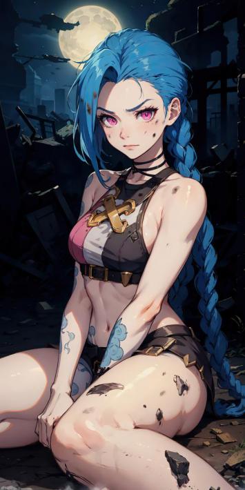 蓝发女战士月夜废墟坐姿插画