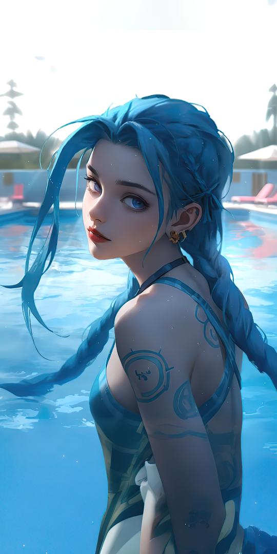 蓝发少女泳池写真动漫风插画