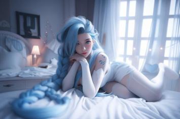 蓝发少女卧床插画，梦幻卧室氛围感十足
