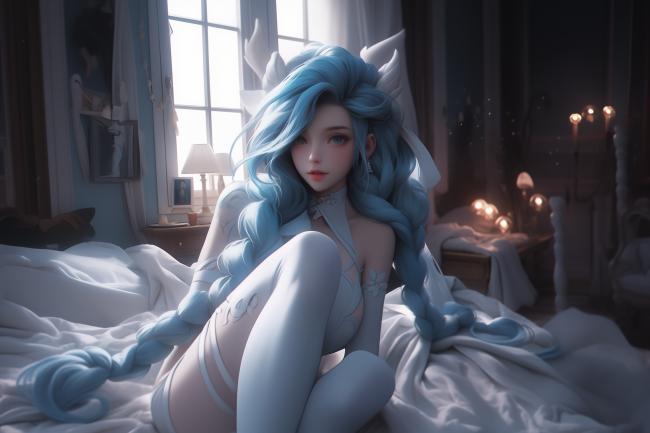 蓝发精灵少女卧房写真，光影柔美如梦