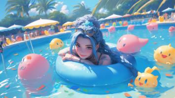 蓝发少女泳池浮圈萌趣夏日图
