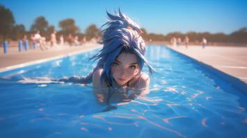 蓝发少女泳池特写3D渲染图