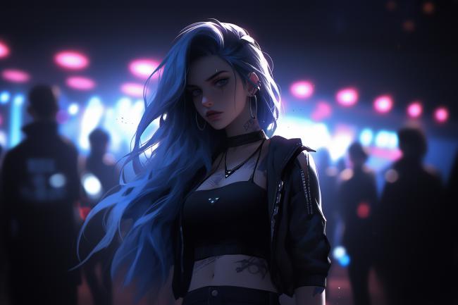 霓虹蓝发赛博女郎：未来都市夜景写真